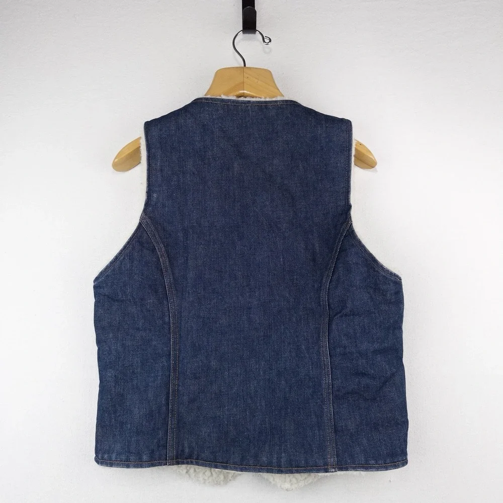 70's Vtg Dark Wash Denim Sherpa Lined Vest Men's Medium Western Snap Made USA